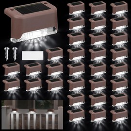 Geelin 32 Pcs Solar Deck Lights Outdoor, Waterproof LED Solar Step Fence Lights for Stairs, Step, Railing, Patio, Driveway, Garden, Pathway and Yard(Brown Shell Cool White Light)