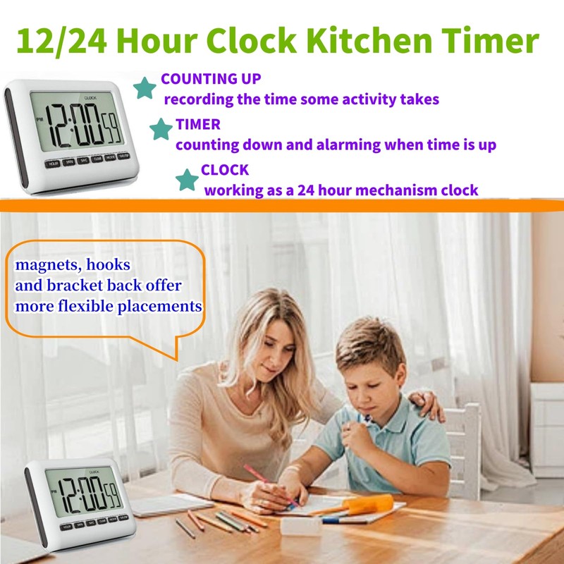 Generic Magnetic Digital Clock for Kitchen - Timer with Alarm,