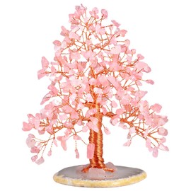 Rockcloud Natural Rose Quartz Crystal Tree Stones Chips Money Tree with Agate Slice Base Home Decoration for Wealth and Luck, 5-6 inches