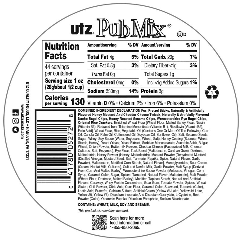 Utz Pub Mix - 44 Ounce Barrel - Savory Snack