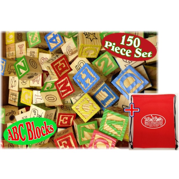 Matty's Toy Stop 150 Piece ABC Stack N' Build Wood Alphabet Blocks Bulk Classroom Set with Exclusive Storage Bag
