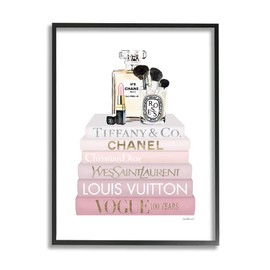 Stupell Industries Deluxe Fragrance and Cosmetics Glam Pink Bookstack, Designed by Amanda Greenwood Black Framed Wall Art, 11 x 14