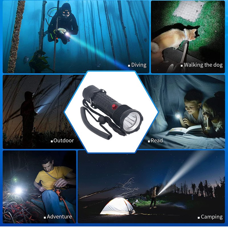 Diving Flashlight LED White Light Underwater Dive Torch IPX8 Waterproof