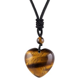 Nupuyai Love Heart Stone Pendant Necklace for Men and Women, Adjustable Amulet Cabochon Gemstone Heart Jewellery, Stone Nylon, Tiger-eye Stone