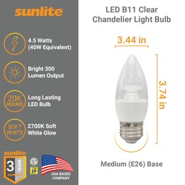 Sunlite LED B11 Clear Chandelier Light Bulb, 4.5 Watts (40W=), 300 Lumens, 120 Volts, Dimmable, Medium E26 Base, 90 CRI, ETL Listed, Torpedo Tip, 2700K Soft White, 6 Pack