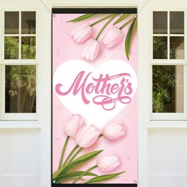 Nepnuser Happy Mother's Day Door Cover Tulips I Love Mom Holiday Party Decoration Front Door Hanging Banner