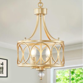 OIRSVI 4-Light Chandelier,Round 11.2in E12 Base - Gold Metal Farmhouse Lantern Pendant Light Fixture,Adjustable Hanging Ceiling Lighting,for Kitchen Island,Bedroom,Entryway,Dining Room