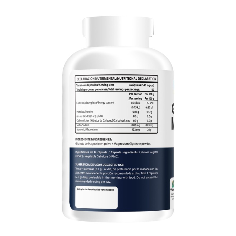 Wellthy Glicinato de Magnesio 400 Cápsulas 432mg. 100% Natural, Alta