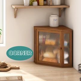 viewcare Corner Bread Box for Kitchen Counter, Bamboo Wood Large Capacity Bread Storage Bin with Acrylic Wavy Door Panel (Brown, Meduim)