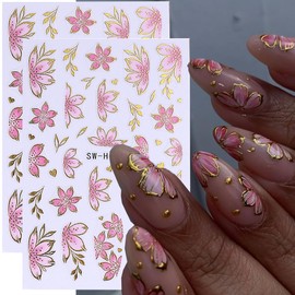 Flower Nail Art Stickers Decals 3D Pink Flower Nail Stickers Self-Adhesive Summer Nail Art Decorations Supplies 6PCS Bronzing Gold Edge Pink Purple Floral Petal Nail Decals Manicure Sliders for Women