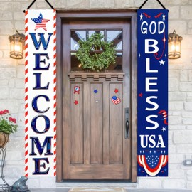 BlissYard 2Pcs Welcome Patriotic Door Banner 4th of July Decorations American Banners Hanging Porch Signs Decor for Independence Memorial Day Veterans Labor Day for Yard Indoor Outdoor Supplies