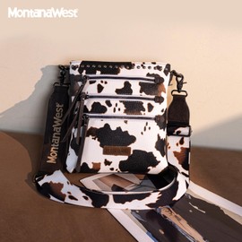 Montana West Crossbody Purse for Women Multi Pocket Crossover Side Purses Medium Size Cross Body Bag with Wide Guitar Strap Travel MWC-184COW