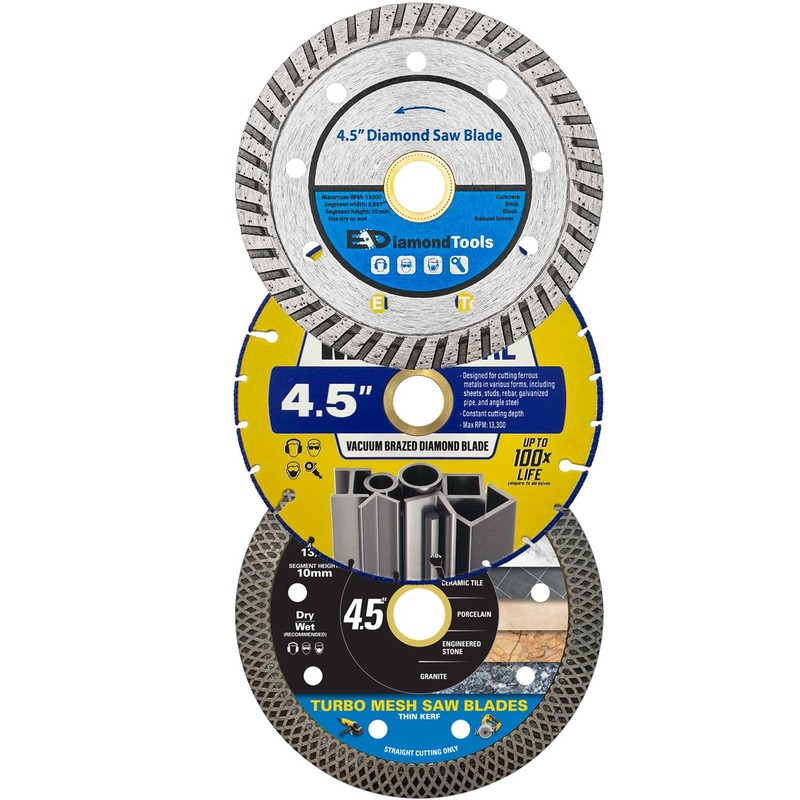 4.5" 3PC Variety Diamond Blade Pack for Metal, Concrete, Masonry,
