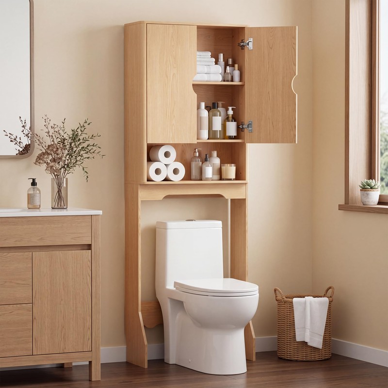 Merapi Over the Toilet Storage Cabinet, Natural Wood Grain Organizer