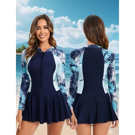KEOYA Zipper Bathing Suit Skirt with Short Women Long Sleeve One Piece Rash Guard UPF 50+ Modest Swimsuits Dress Large
