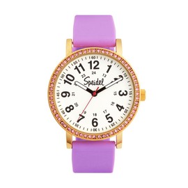 Speidel Original Scrub Watch™ for Nurses, Medical Professionals, Mens and Womens Watch with Second Hand Nursing, Nurse Watches for Women Men, Waterproof 12 and 24 hr Time -Gold Bling Case, Lilac