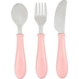 BÉABA, Children's Learning Cutlery Set of 3 - Stainless Steel - 2nd Age, from 12 Months - Baby Friendly, Pink