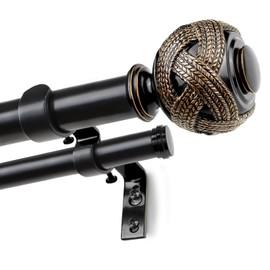 USFOOK 1 Inch Double Curtain Rods 72 to 144 Inches (6-12 ft) Black Drapery Rods for Windows 69 to 140 Inches, Telescoping Dual Curtain Rod with Woven Leaf Finials