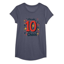 A Decade of Creating Chaos: 10 Year Old Birthday Gift T-Shirt, Girls, Heather Blue