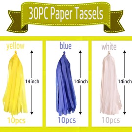 Yellow White and Blue Tissue Paper Tassels 30pcs Streamers Party for Festivals, Birthdays, and Celebrations