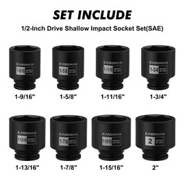 CASOMAN 1/2-Inch Drive Shallow Spindle Axle Nut Impact Socket Set,1-9/16" to 2", 6-Point, SAE, CR-MO, 8 Piece 1/2" Heavy Duty Impact Socket Set
