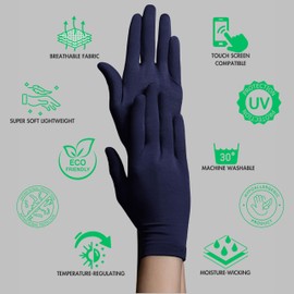 QiEco Soft Organic Bamboo Cotton Gloves, Thin, Thermal, Lightweight, Warm, Touchscreen, Liners, Antibacterial, Breathable, Hypoallergenic, Eczema, Anti-Allergy, Cycling, Running (Navy, Large)