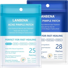 Lanbena Parches Anti Acne, Tratamiento Completo Día Y Noche, contiene 53 parches para absorber el acné, aplanando y calmando la piel.