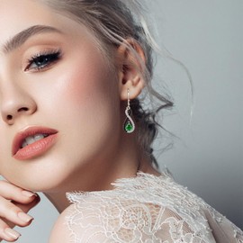 Raymard Two Tone Infinity Leverback Earrings for Womens, 925 Sterling Silver Dangle Drop Black and White Earrings, Teardrop Bithstone Jewelry for Women-created emerald