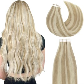 Lacer Extensiones De Cabello Humano Con Cinta Adhesiva Cabello Remy Natural Sin Costuras Trama De Piel Sintética 100% Cabello Virgen Real Ombré Rubio Claro Dorado A Rubio Claro Doble Cara 5
