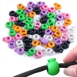 LEONTOOL Spring Cord Locks 60 PCS 6 Color Plastic End Toggles, Round Cord Stopper Draw String Clip Clamp, Single Hole Sliding Fastener Buttons for Drawstrings Paracord Hat Shoeslaces Tent Pet Backpack