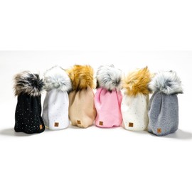 Morefaz Winter Knitted Worm Hat, Women's Crystal Pebble with Large Fur Pompom, L Ski, (MFAZ Ltd) -