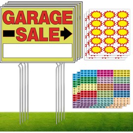 Vividsphere Garage Sale Signs 4Pack Double-sided Printed Waterproof Yard Signs(18”*13”) with Heavy-Duty Metal Stakes Plus 6Pack Yard Sale Price Stickers for your Outdoor Yard Sale Event