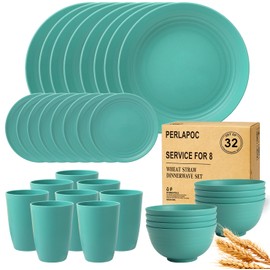 Perlapoc Wheat Straw Dinnerware Sets, 32 PCS Dishes Set for 8, Unbreakable Plates and Bowls Sets, Microwave Safe Dinnerware Set for Kitchen Outdoor Camping RV - Green