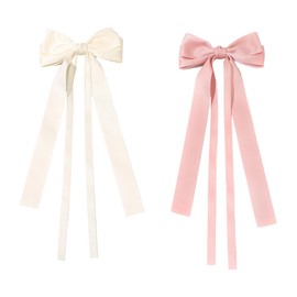 YFTRFR Pack of 2 Long Bow Hair Clips, Soft Smooth Fabric Satin Comfortable Elegant Hair Accessories with Metal Clamp for Women, Wedding, Party and Everyday Life, Birthday (2 Colours)