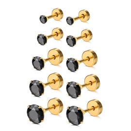 Charisma Cartilage Tragus Earring Stainless Steel Stud Piercing Earring Flat Back Earrings Stud Flatback Screw Back Earrings for Women Men (16G, 3mm-7mm CZ, 6mm Bar Length, 5 Pairs, Gold)