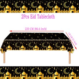 2pcs Ramadan Table Cloth for Eid Tablecloths Party,130*220cm Black Gold Eid Decorations Table Cloth Plastic Moon Star Tablecover Disposable Rectangular Table Cover for Mubarak Islam Muslim Decor