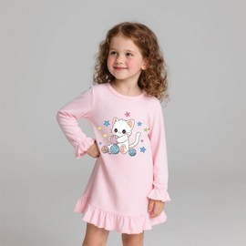 EULLA Girls' Long-Sleeved Nightdress with Cute Prints Pyjamas Dress Autumn Winter Cotton Nightdress for Girls Size 104 110 116 122 128 134, 3# Pink Cat
