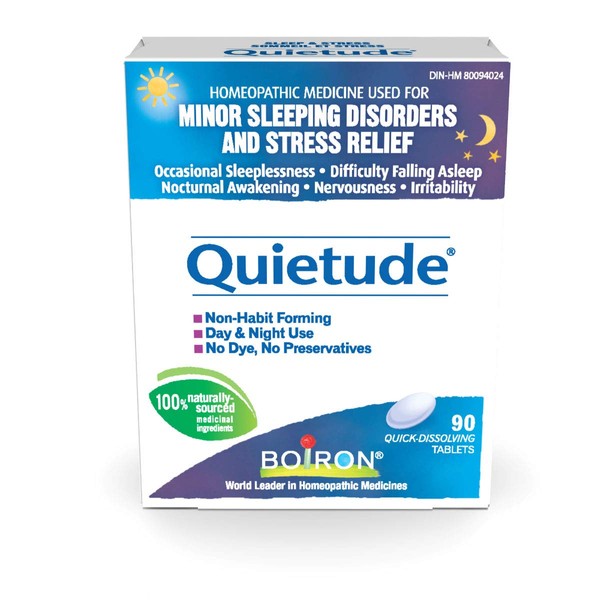 Boiron Quietude 90 tablets, Great for sleep and minor sleeping disorders (restlessness, difficulty falling asleep, nocturnal awakening, occasional sleeplessness) and nervousness (hypersensitivity, irritability). Homeopathic Medicine.