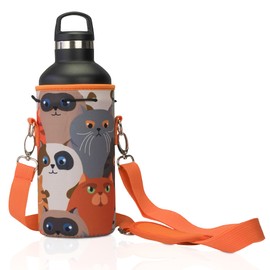 Made Easy Kit Neoprene Water Bottle Carrier Holder with Adjustable Shoulder Strap for Insulating & Carrying Water Container Canteen Flask Available in 5 Sizes (Cat Lover, Orange, L (32oz / 1.5L))