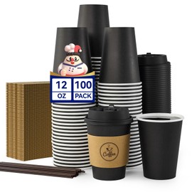 JOLLY CHEF 100 Pack 12 oz Coffee Cups with Lids, Sleeves and Stirrers, Disposable Black Hot Paper Coffee Cups for all Kinds of Beverages
