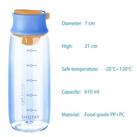 Boenkush 610ml Plastic Small Water Bottle with Time Markings to Drink, Seal Tight Lid, Reusable Sports Cute Bottle for Teenager, Adult, Sports, Outdoor - Blue