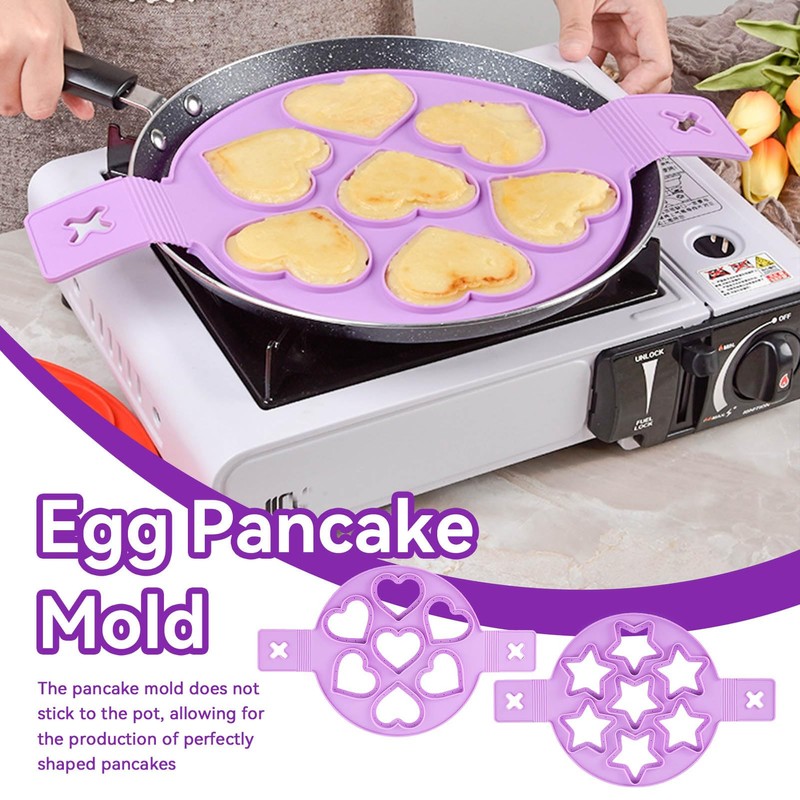 2PCS Pancake Maker Mold, 7 Cavity Star/Heart Shape Nonstick Reusable