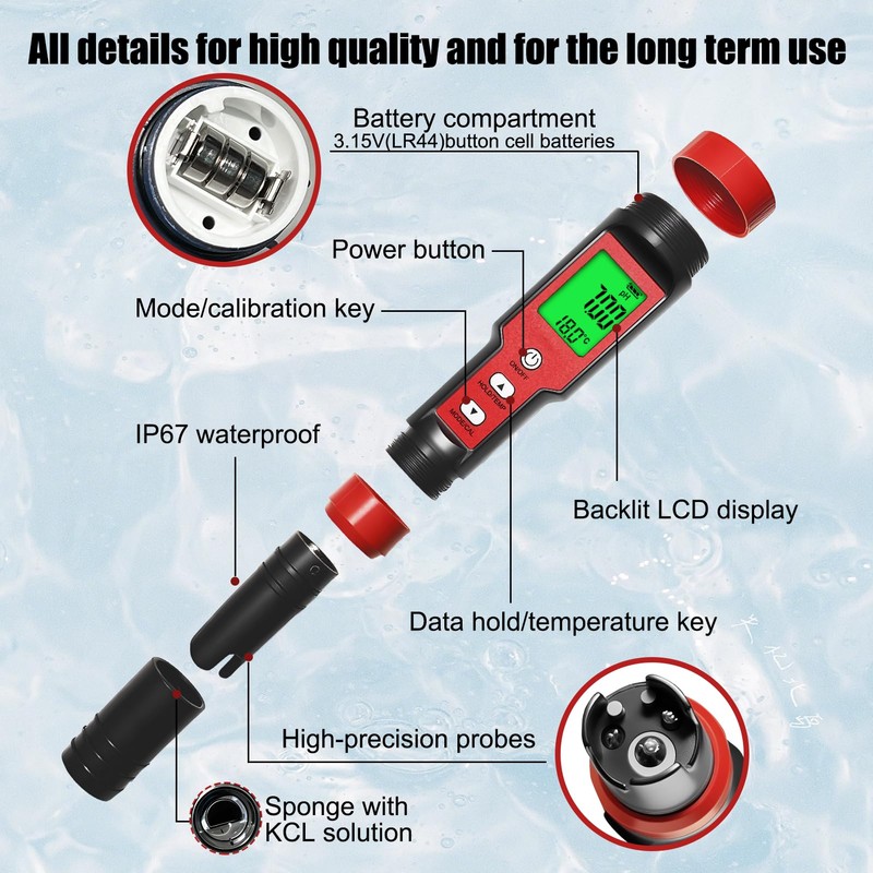 Homcoice pH Chlorine Meter 7-in-1, pH Chlorine Salt Content ORP