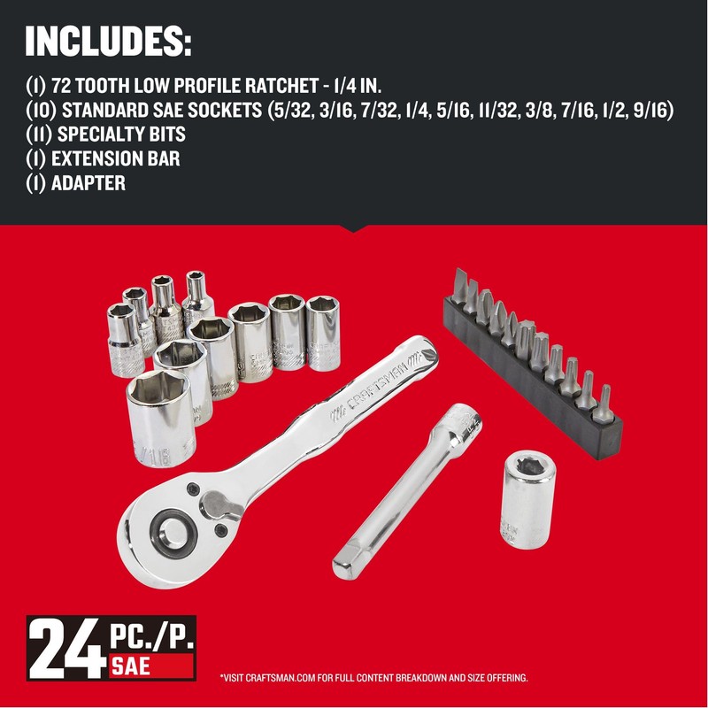 CRAFTSMAN Mechanics Tool Set, 24 Piece, 1/4 Inch Drive SAE