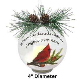 Memorial Cardinal Christmas Ornament - When Cardinals Appear Angels are Near - Bulb Ornament with White Glittery Snow - 4" Diameter