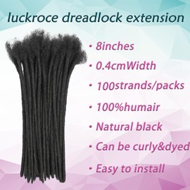 Luckroce 8 inch 100 Strands Loc Extension Human Hair 0.4cm Width human dreadlock extensions 100% Full Handmade Permanent Loc Extension Human Hair for Women/Men(Width 0.4cm Natual Black)