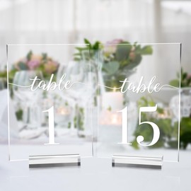 JINMURY Wedding Table Numbers 1-15 with Stands, 5x7 Inch Clear Acrylic Table Numbers Printed Calligraphy Font, Acrylic Sign Wedding Table Numbers with Holder for Wedding Party Reception