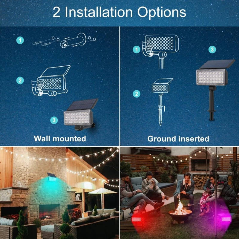 T-SUN 2Pack Solar 36-LED RGB Color Changing Spotlight Outdoor Garden