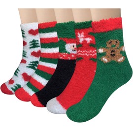 Loritta 5 Pairs Womens Fuzzy Socks Winter Warm Cozy Fluffy Super Soft Slipper Socks,D2-Colorful Christmas