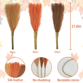 Agusbagli 150pcs Orange Pampas Grass, 21.6in Fluffy Faux Colored Pompas Grass Short Artificial Orange Pampas Stems Vase Filler Fall Flower Arrangement for Home Wedding Centerpieces Autumn Bohe Decor